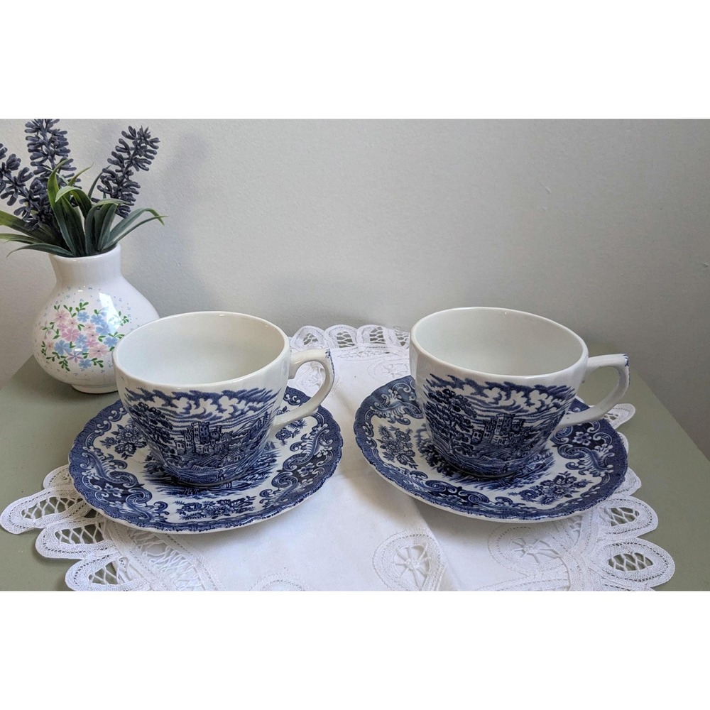 Vintage Blue Transferware Teacup Set of 2, Olde Country Castles Style‎